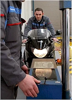 A motorcycle on the MOT rollers